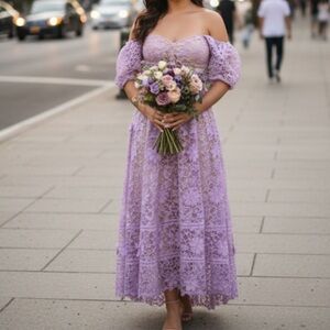 Xueyuanfeng Lilac/Lavender Lace Off-the-
Shoulder 3D flowers Midi Dress XS